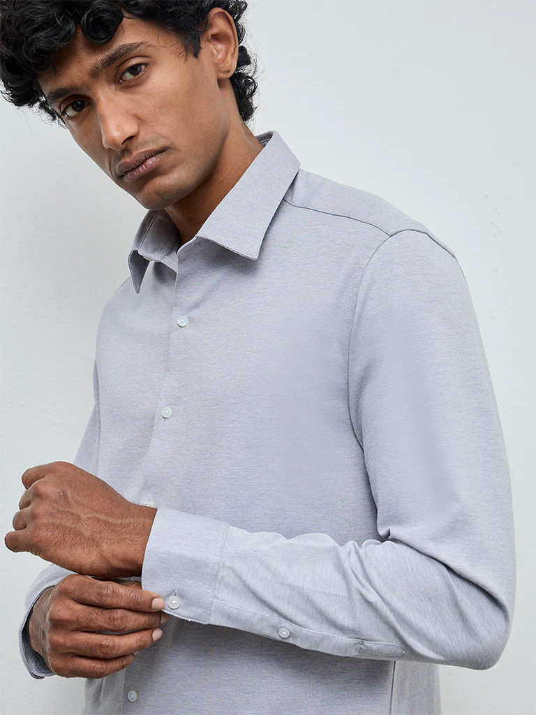 WES Formals Grey Slim-Fit Cotton-Blend Shirt - Image 4