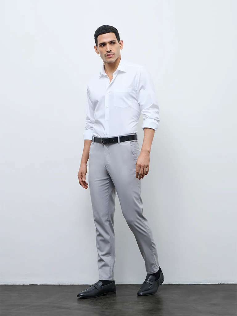 WES Formals Grey Slim-Fit Mid-Rise Trousers
