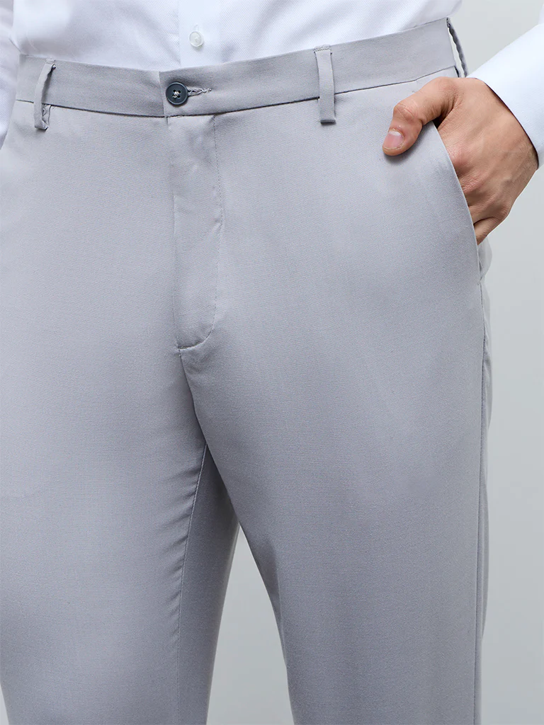 WES Formals Grey Slim-Fit Mid-Rise Trousers - Image 3