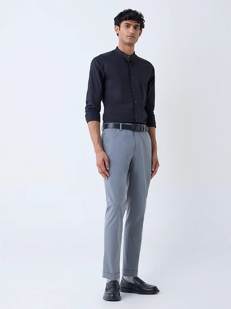 WES Formals Grey Slim-Fit Mid-Rise Trousers
