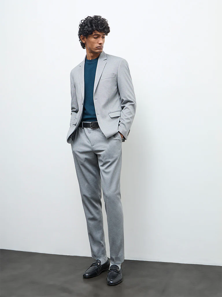 WES Formals Grey Slim-Fit Mid-Rise Trousers