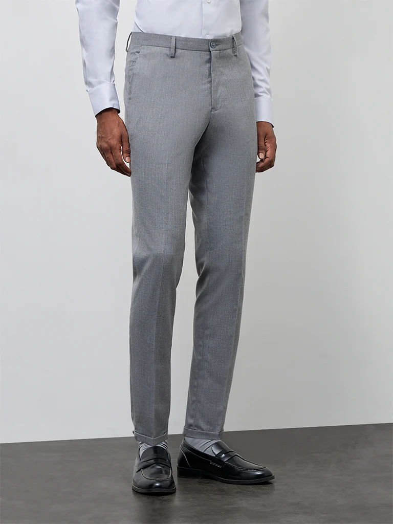 WES Formals Grey Slim-Fit Mid-Rise Trousers
