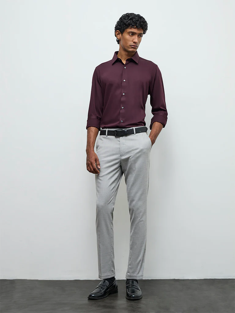 WES Formals Grey Slim-Fit Mid-Rise Trousers