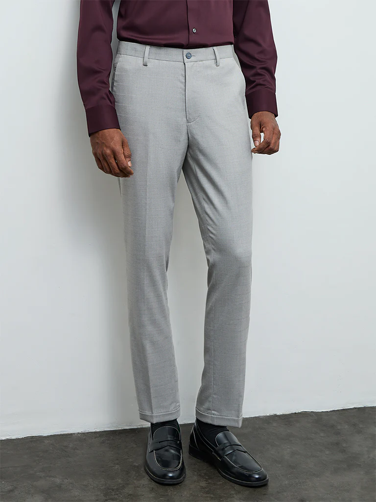 WES Formals Grey Slim-Fit Mid-Rise Trousers - Image 3