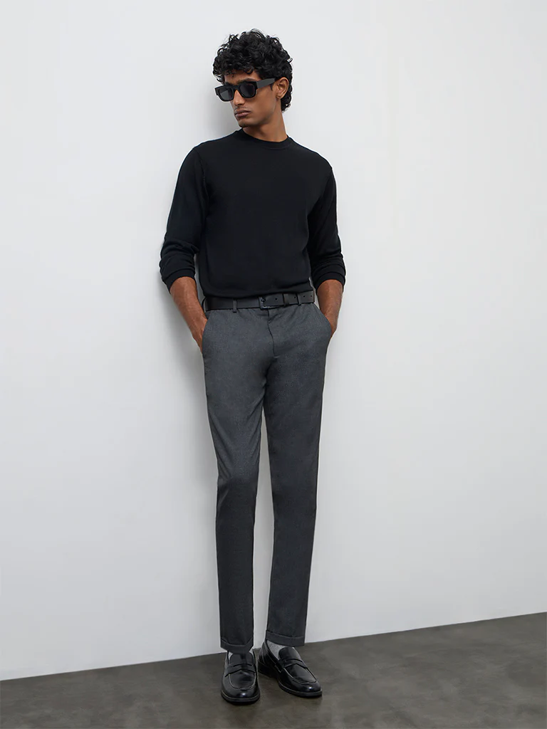WES Formals Grey Slim-Fit Mid-Rise Trousers