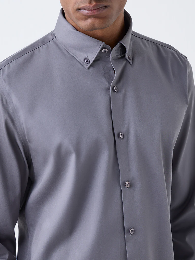 WES Formals Grey Solid Slim-Fit Cotton-Blend Shirt - Image 3