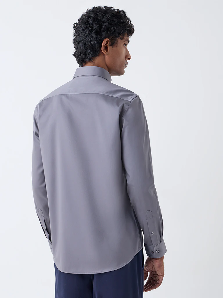 WES Formals Grey Solid Slim-Fit Cotton-Blend Shirt - Image 5