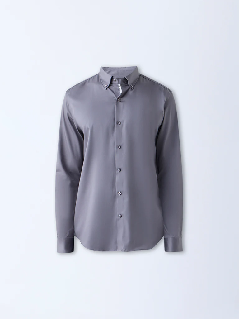 WES Formals Grey Solid Slim-Fit Cotton-Blend Shirt - Image 6