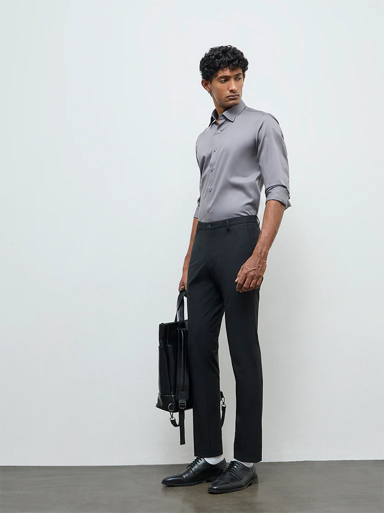 WES Formals Grey Solid Slim-Fit Cotton Shirt - Image 3