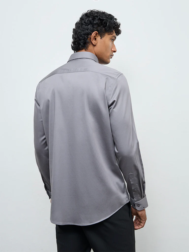 WES Formals Grey Solid Slim-Fit Cotton Shirt - Image 5