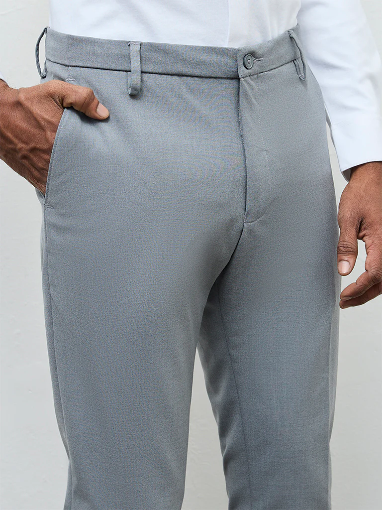 WES Formals Grey Solid Slim-Fit Mid-Rise Trousers - Image 4