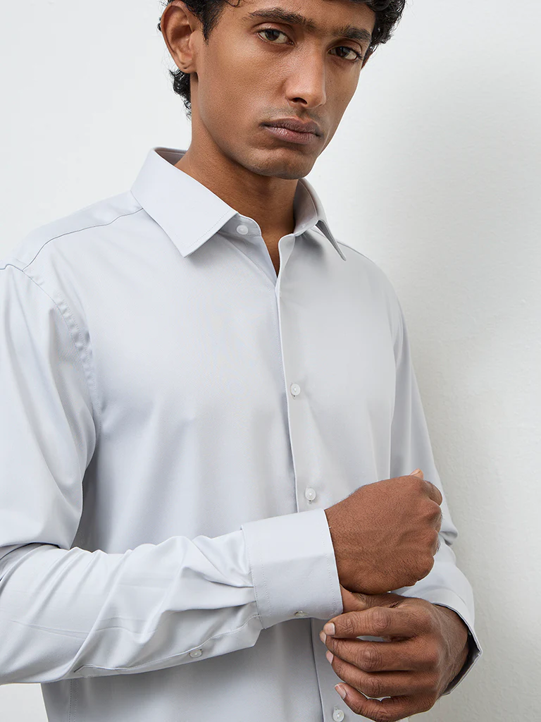 WES Formals Grey Solid Slim-Fit Shirt - Image 3