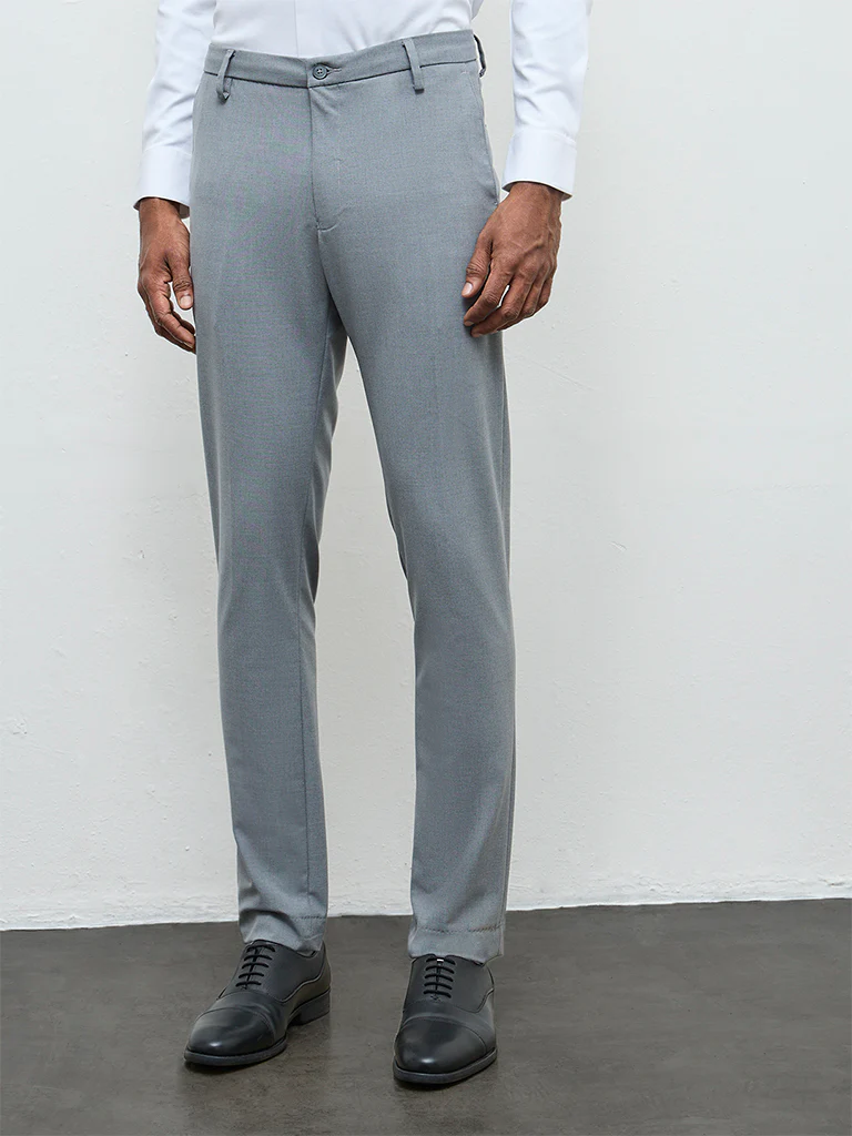 WES Formals Grey Solid Ultra Slim Fit Mid-Rise Trousers - Image 4