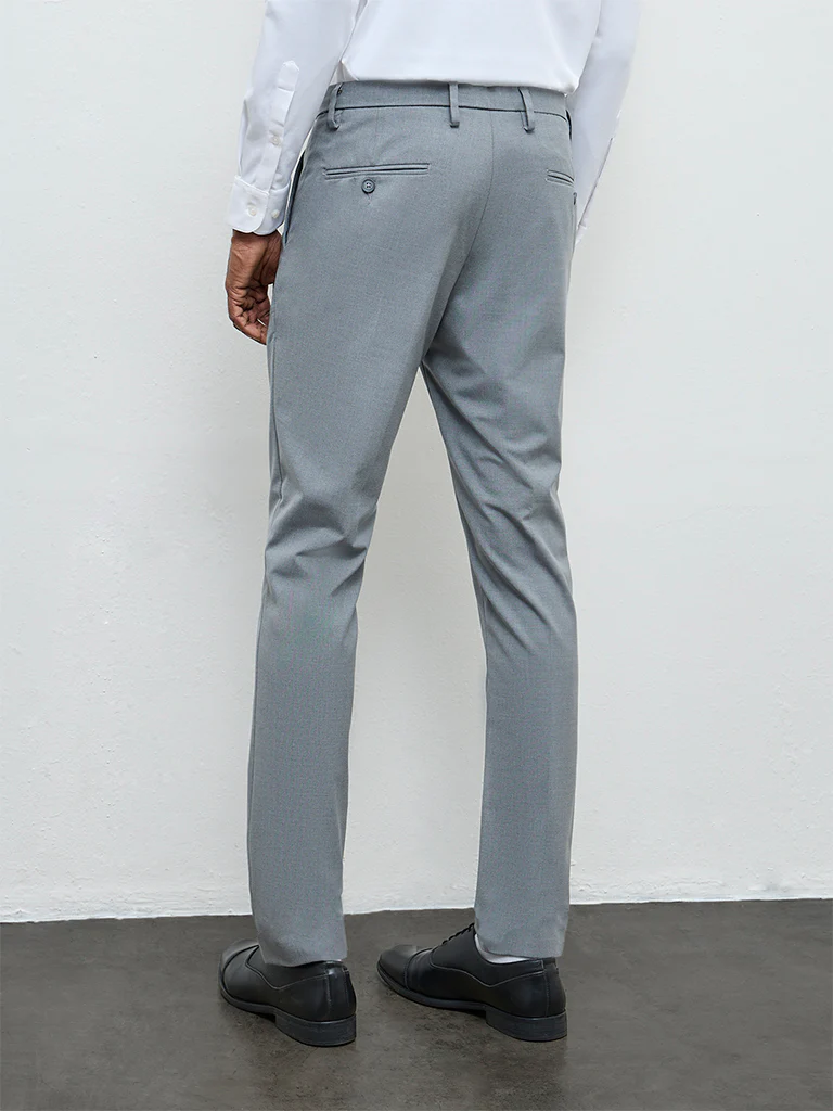 WES Formals Grey Solid Ultra Slim Fit Mid-Rise Trousers - Image 5