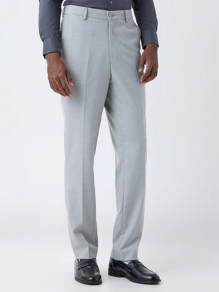 WES Formals Grey Striped Relaxed-Fit Mid-Rise Trousers - Image 2