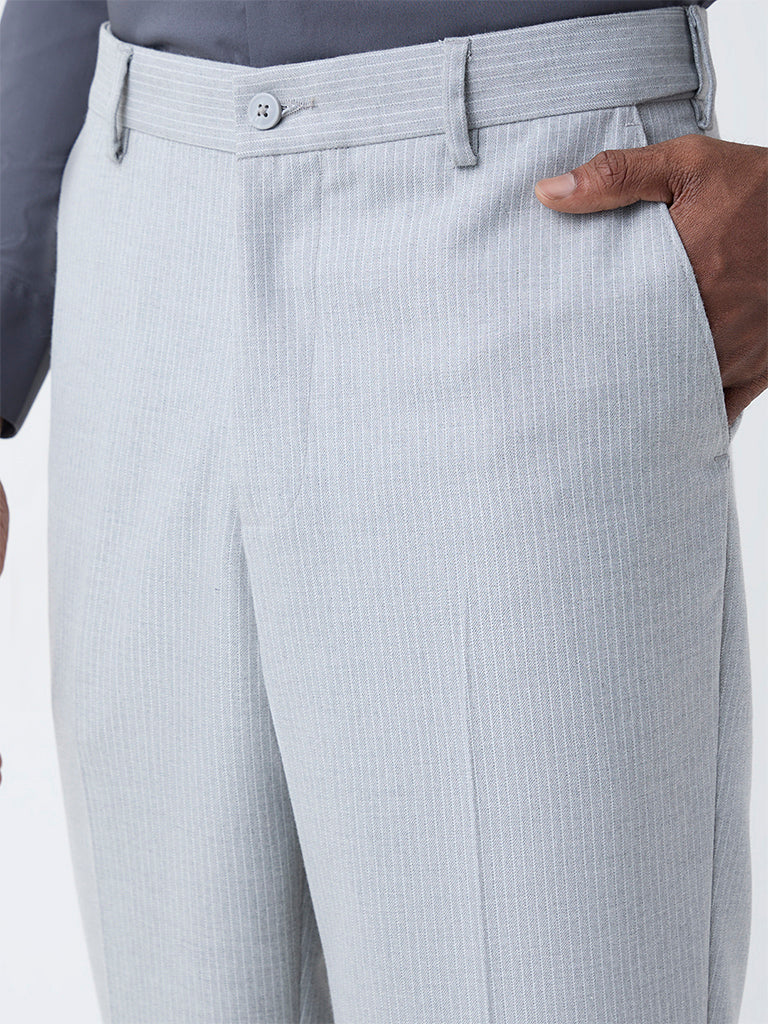 WES Formals Grey Striped Relaxed-Fit Mid-Rise Trousers - Image 3