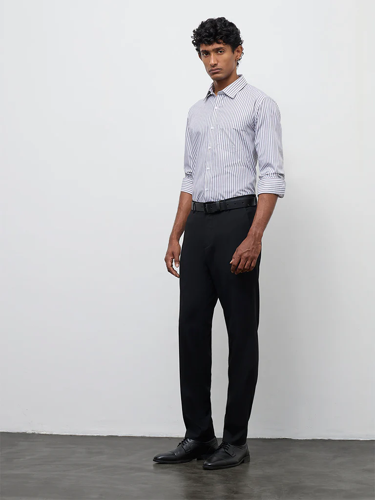 WES Formals Grey Striped Slim-Fit Cotton Shirt - Image 2