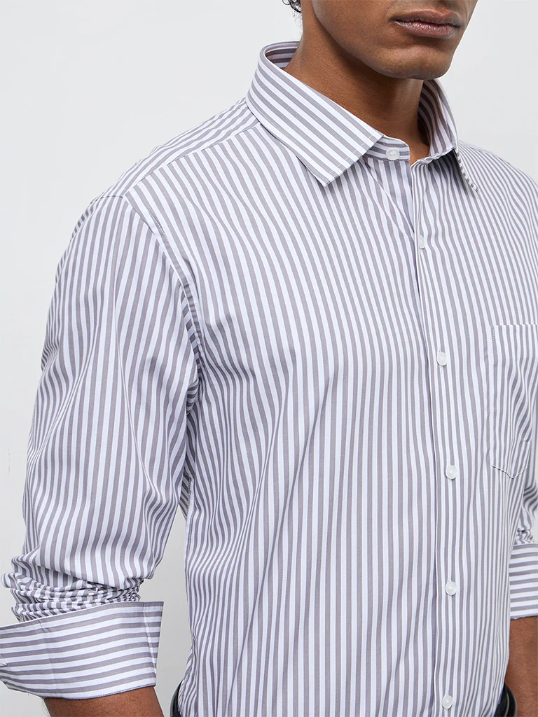 WES Formals Grey Striped Slim-Fit Cotton Shirt - Image 3