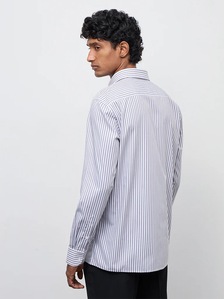 WES Formals Grey Striped Slim-Fit Cotton Shirt - Image 4