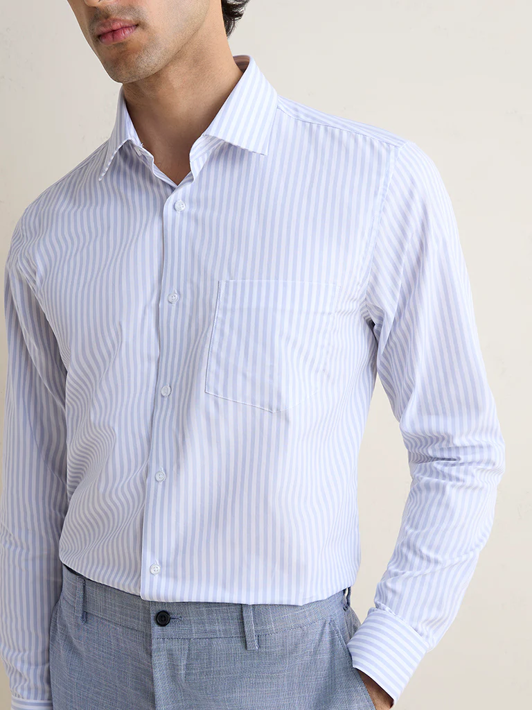 WES Formals Grey Striped Slim-Fit Cotton Shirt - Image 3