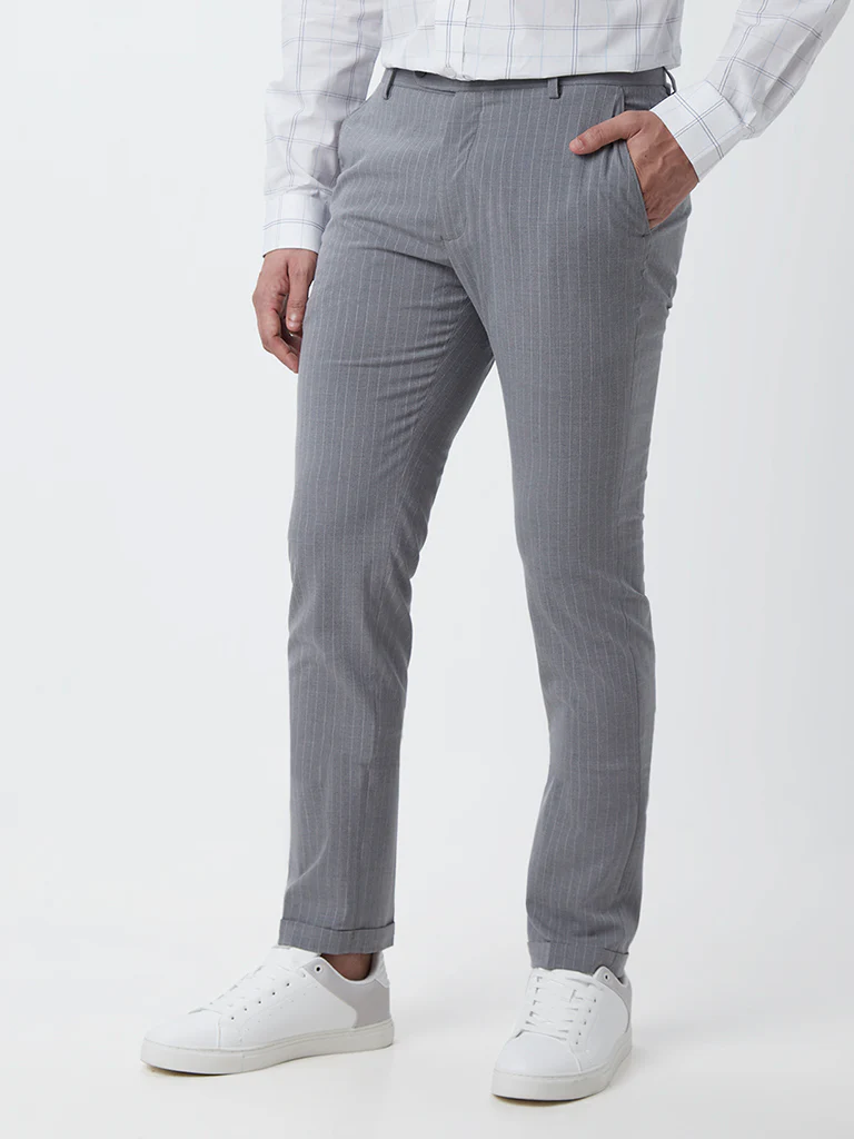WES Formals Grey Striped Slim-Fit Mid-Rise Trousers - Image 3