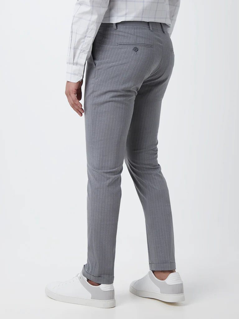 WES Formals Grey Striped Slim-Fit Mid-Rise Trousers - Image 4