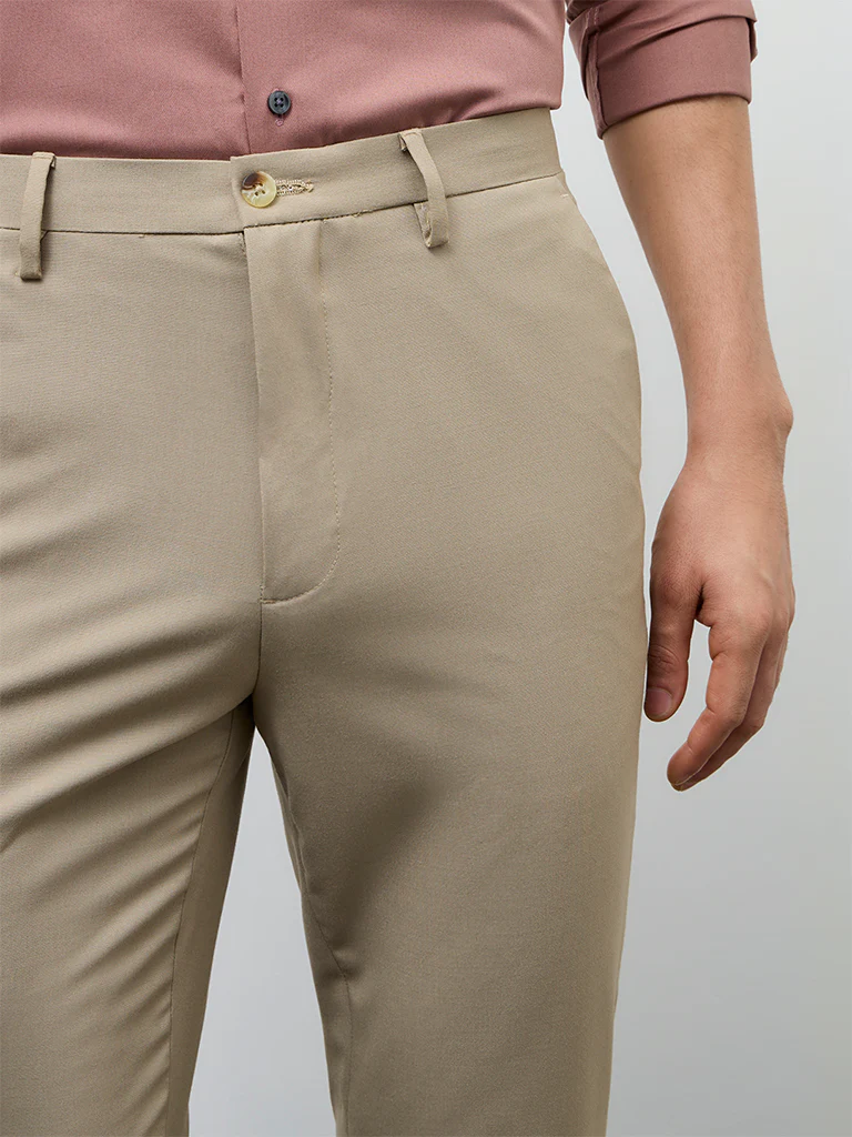WES Formals Khaki Slim-Fit Mid-Rise Trousers - Image 3