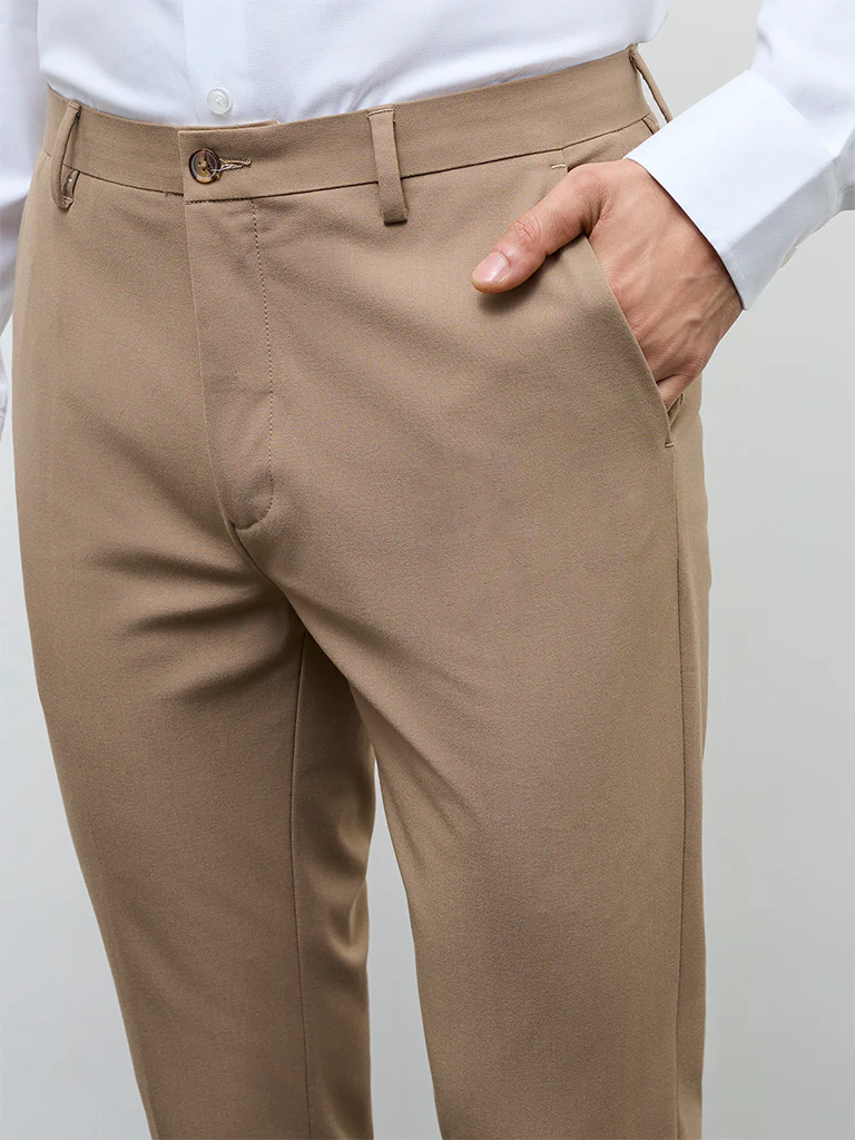 WES Formals Khaki Slim-Fit Mid-Rise Trousers - Image 3