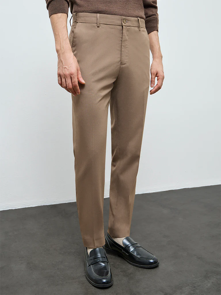 WES Formals Khaki Solid Slim-Fit Mid-Rise Trousers - Image 3