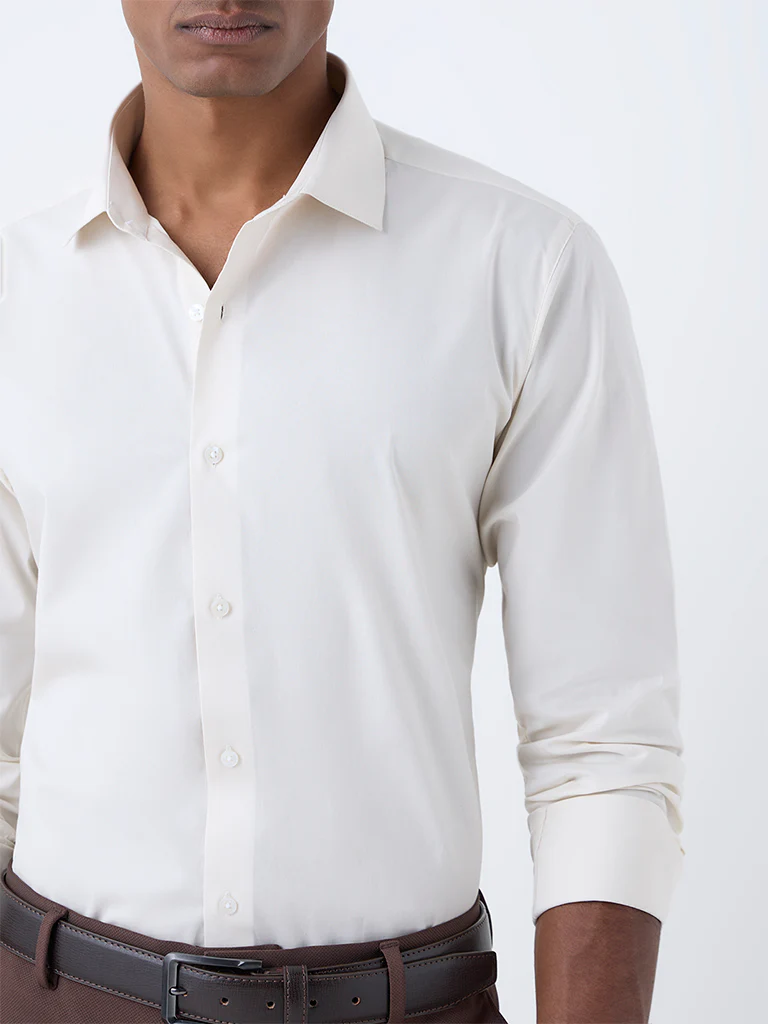 WES Formals Light Beige Cotton Ultra Slim Fit Shirt - Image 3