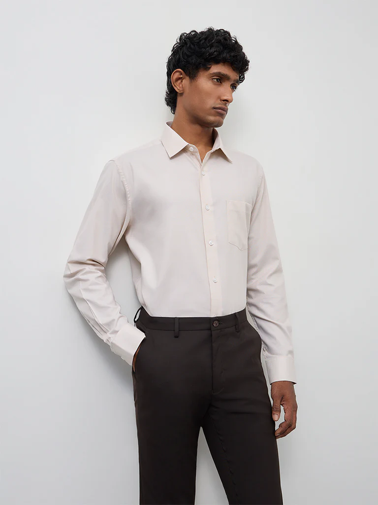 WES Formals Light Beige Relaxed-Fit Cotton Shirt