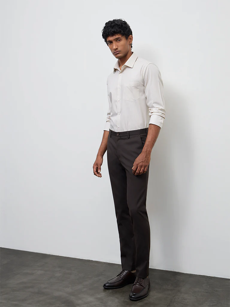 WES Formals Light Beige Striped Slim-Fit Cotton Shirt - Image 2