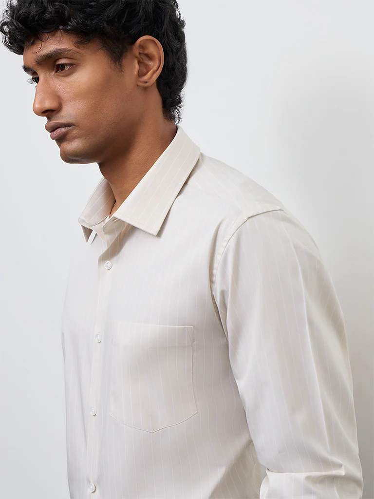 WES Formals Light Beige Striped Slim-Fit Cotton Shirt - Image 3