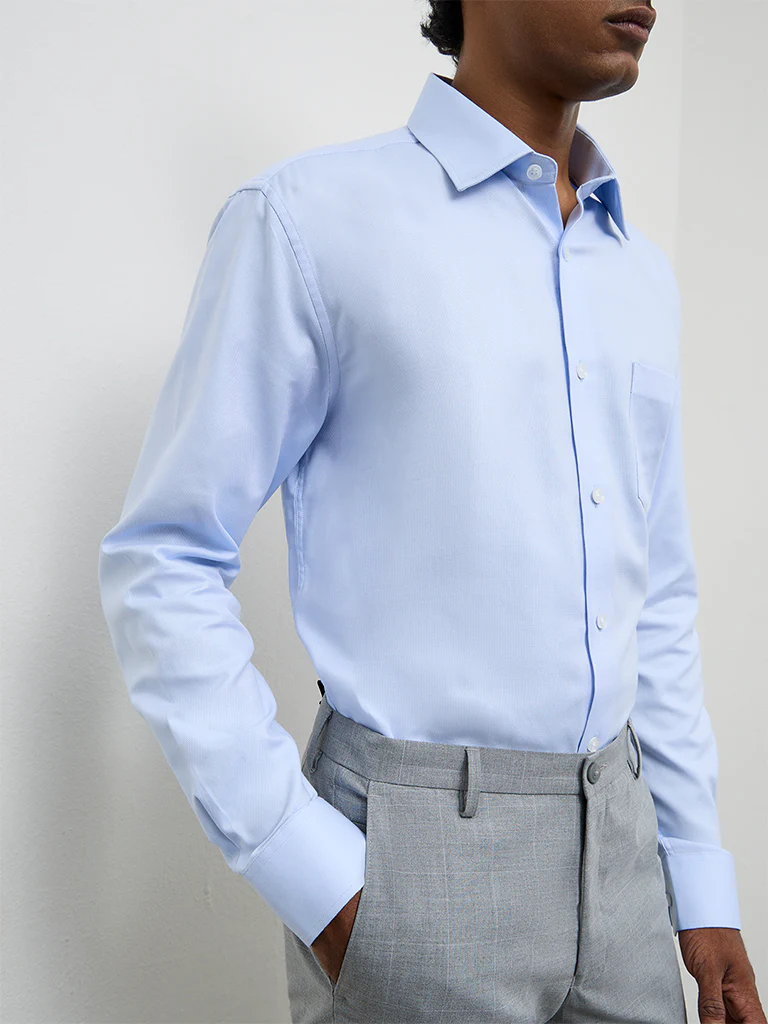 WES Formals Light Blue Relaxed-Fit Cotton Shirt - Image 3