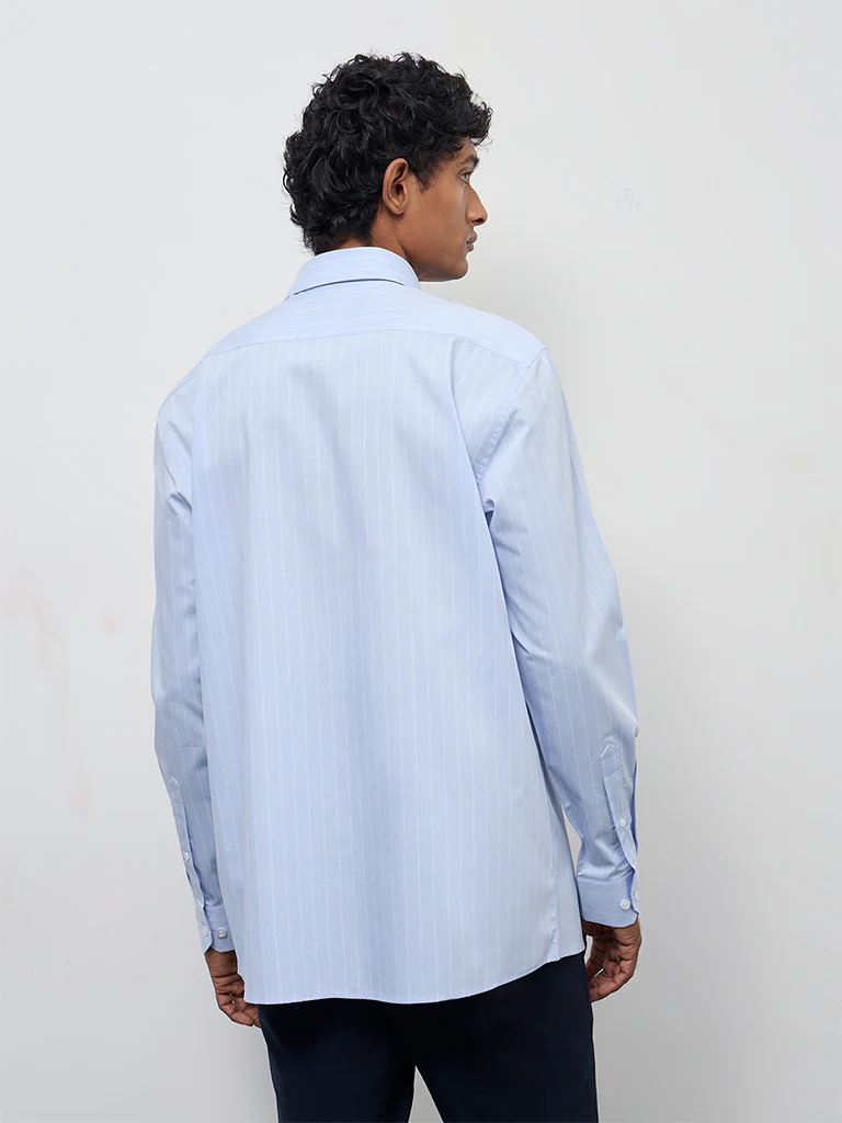 WES Formals Light Blue Striped Relaxed-Fit Cotton Shirt - Image 4