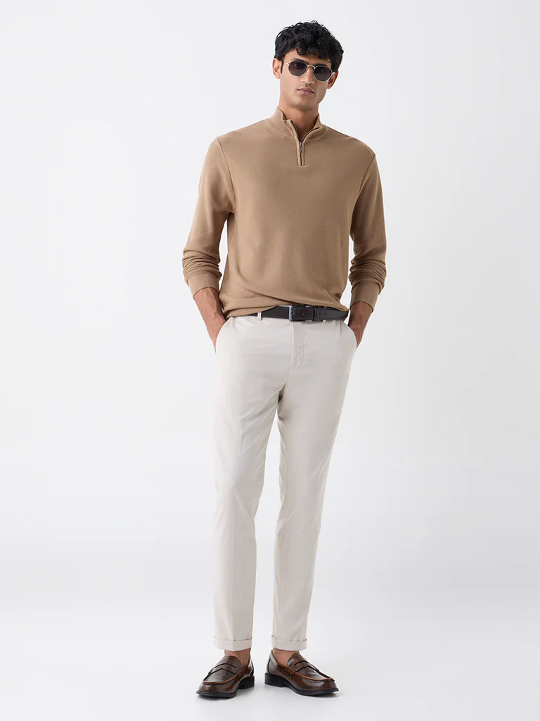 WES Formals Light Brown Knitted Slim-Fit Quarter-Zip Sweater - Image 4