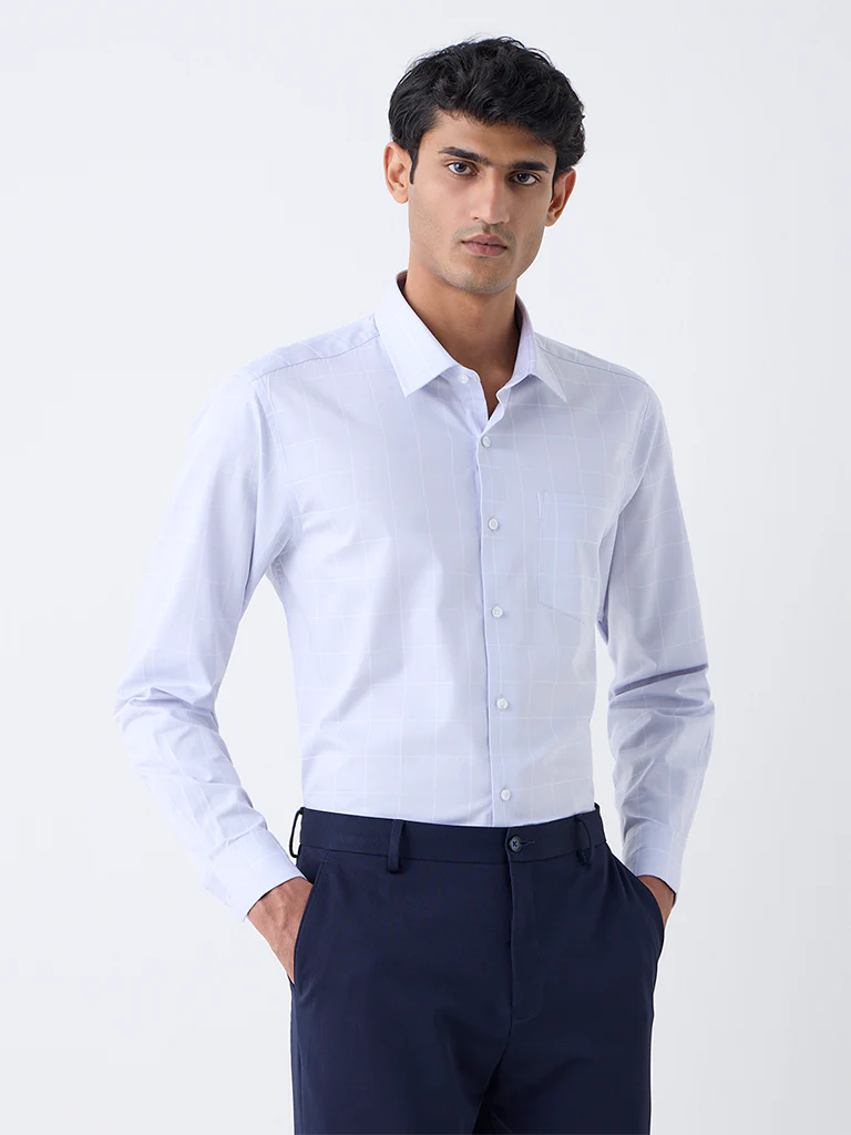 WES Formals Light Grey Checkered Slim-Fit Cotton Shirt