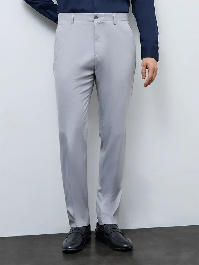 WES Formals Light Grey Relaxed-Fit Mid-Rise Trousers - Image 3