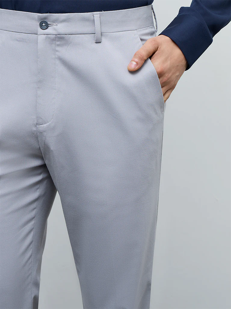 WES Formals Light Grey Relaxed-Fit Mid-Rise Trousers - Image 4