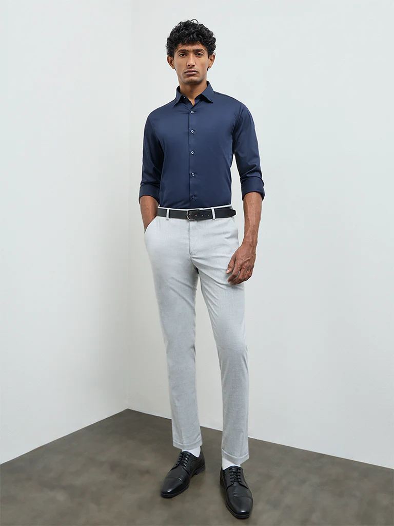 WES Formals Light Grey Slim-Fit Mid-Rise Trousers