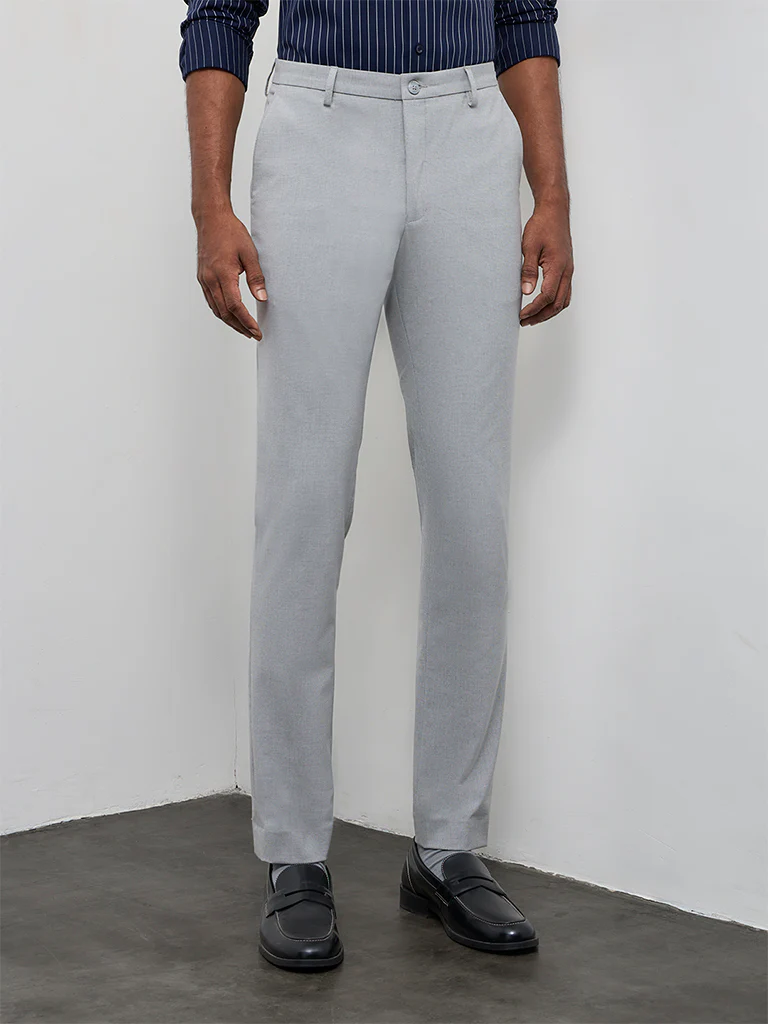 WES Formals Light Grey Ultra Slim-Fit Mid-Rise Trousers