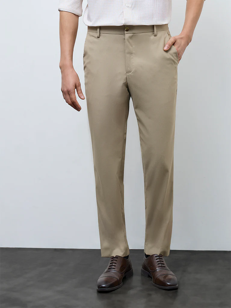 WES Formals Light Khaki Relaxed-Fit Mid-Rise Trousers - Image 3