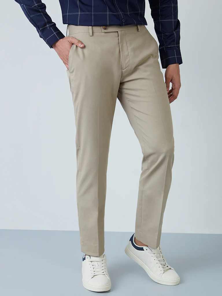 WES Formals Light Khaki Slim-Fit Mid-Rise Trousers - Image 4