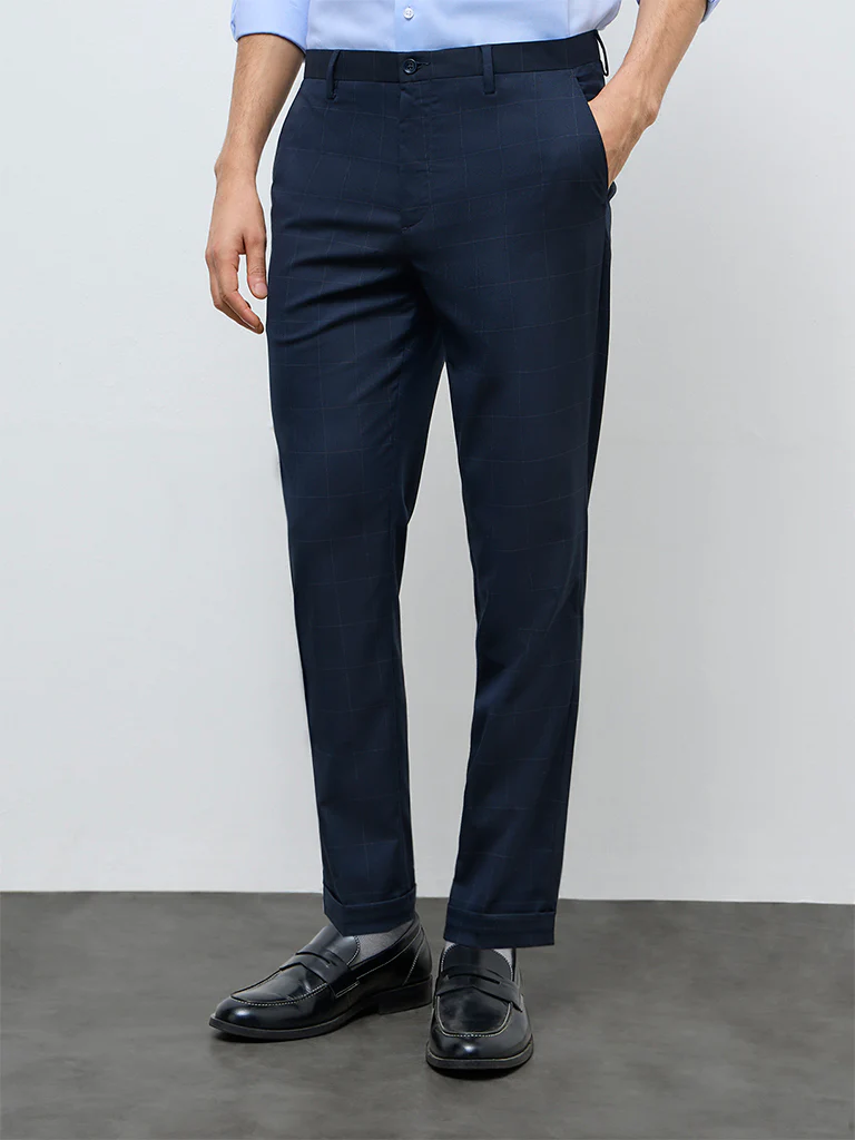 WES Formals Navy Check Mid-Rise Slim-Fit Trousers - Image 2