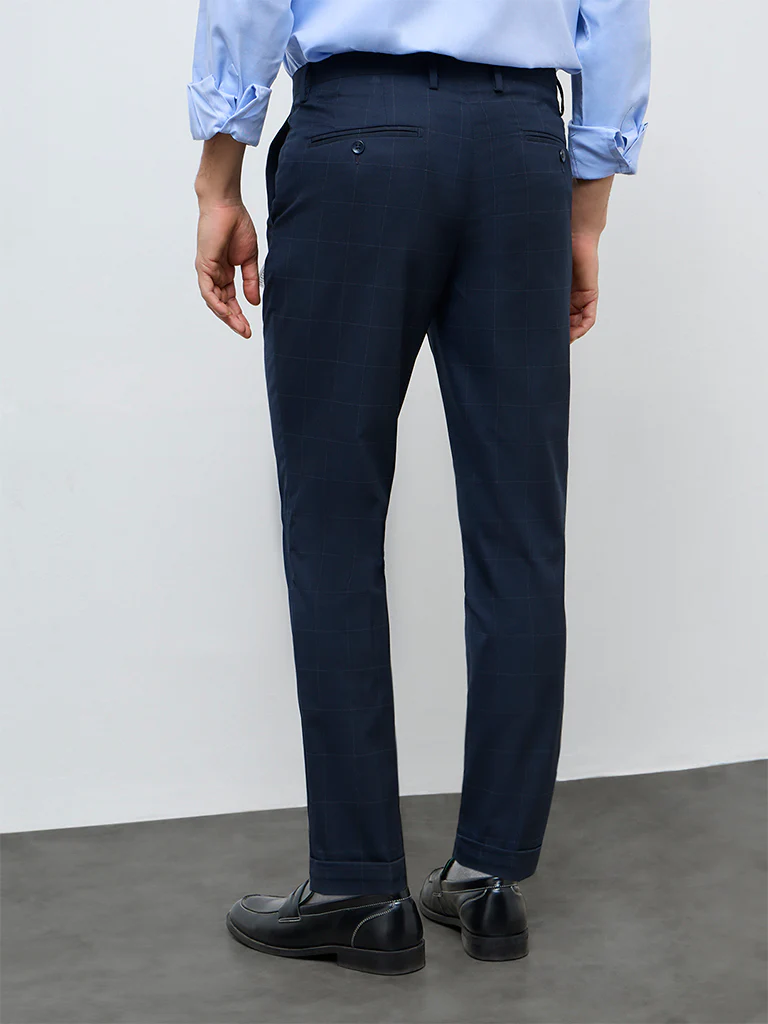 WES Formals Navy Check Mid-Rise Slim-Fit Trousers - Image 4