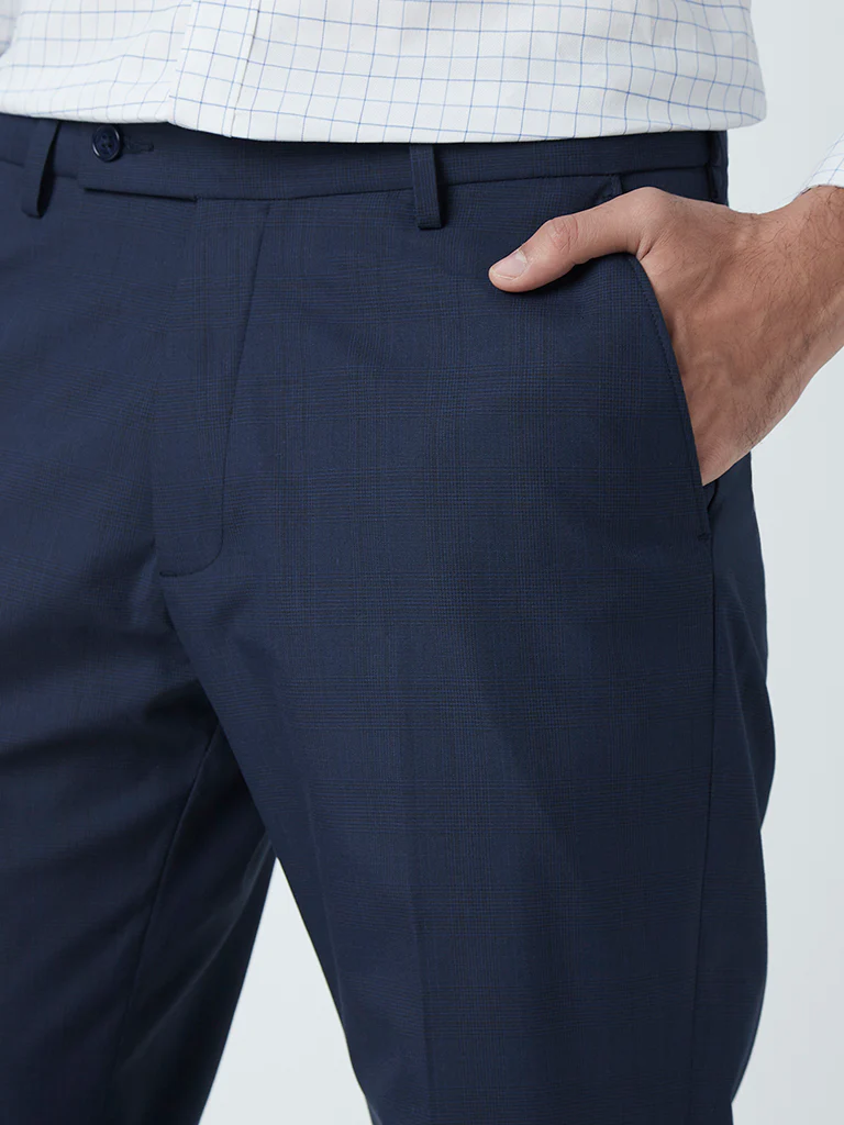 WES Formals Navy Checkered Relaxed-Fit Mid-Rise Trousers - Image 2