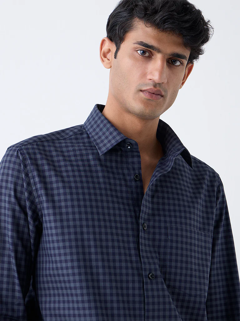 WES Formals Navy Checks Pattern Relaxed-Fit Cotton Shirt - Image 2