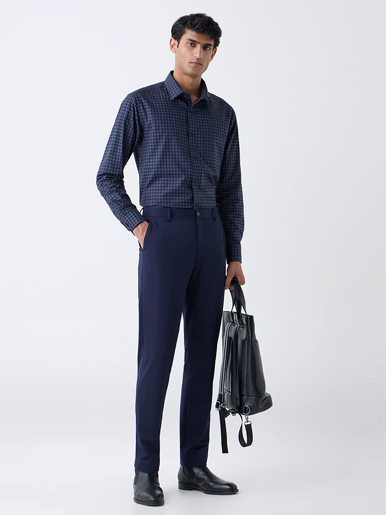 WES Formals Navy Checks Pattern Relaxed-Fit Cotton Shirt - Image 3