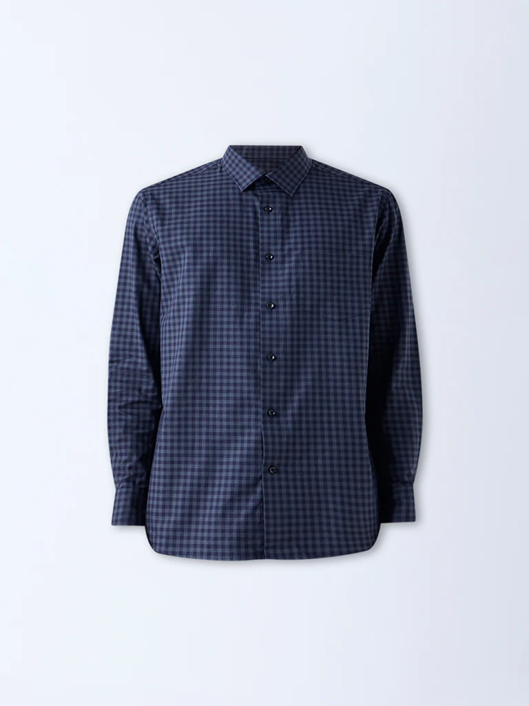 WES Formals Navy Checks Pattern Relaxed-Fit Cotton Shirt - Image 5