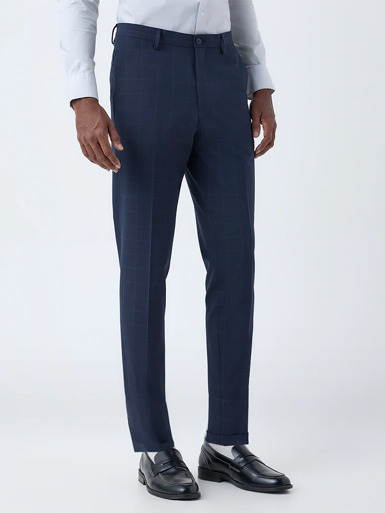 WES Formals Navy Checks Pattern Slim-Fit Mid-Rise Trousers - Image 2